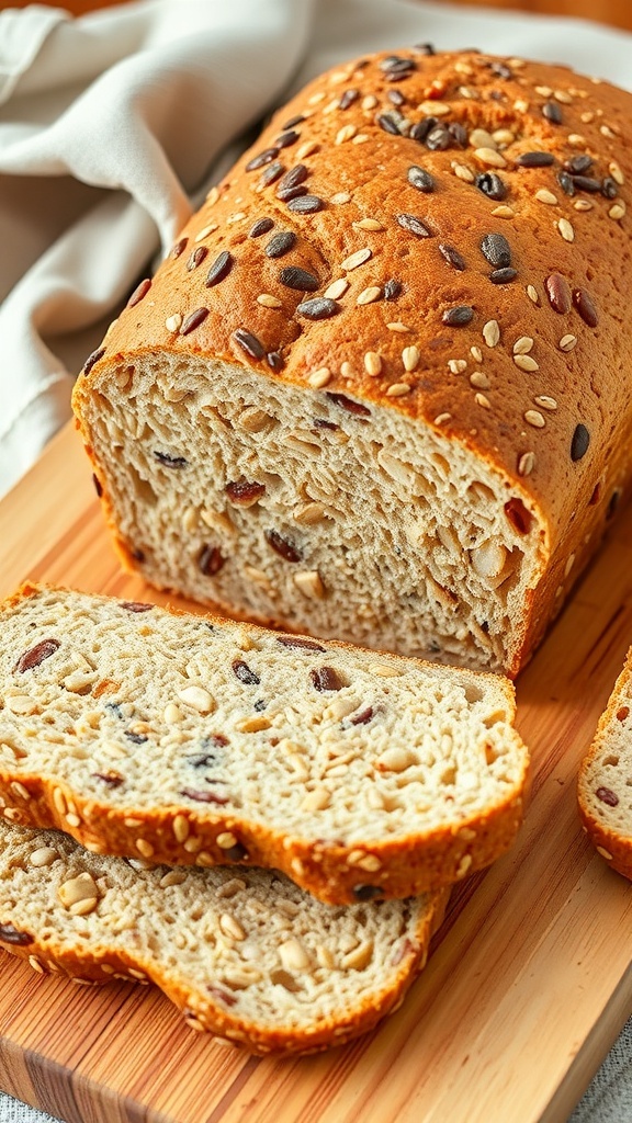Sliced Ezekiel bread with visible grains and legumes on a wooden cutting board.
